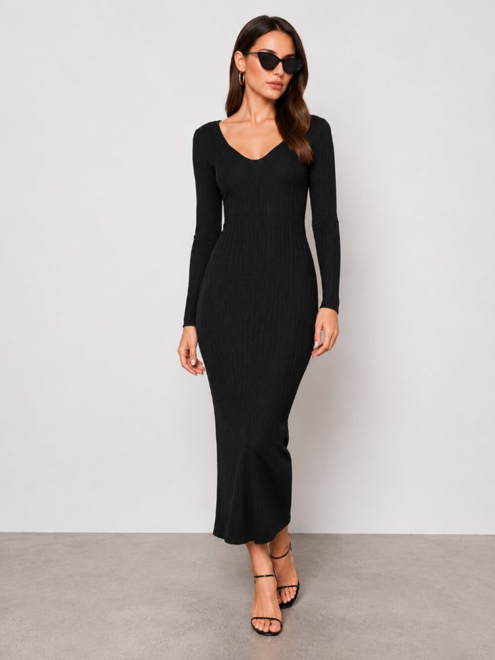 Black Ribbed Knit Midi Sweater Dress Bodycon Long Sleeve NWT